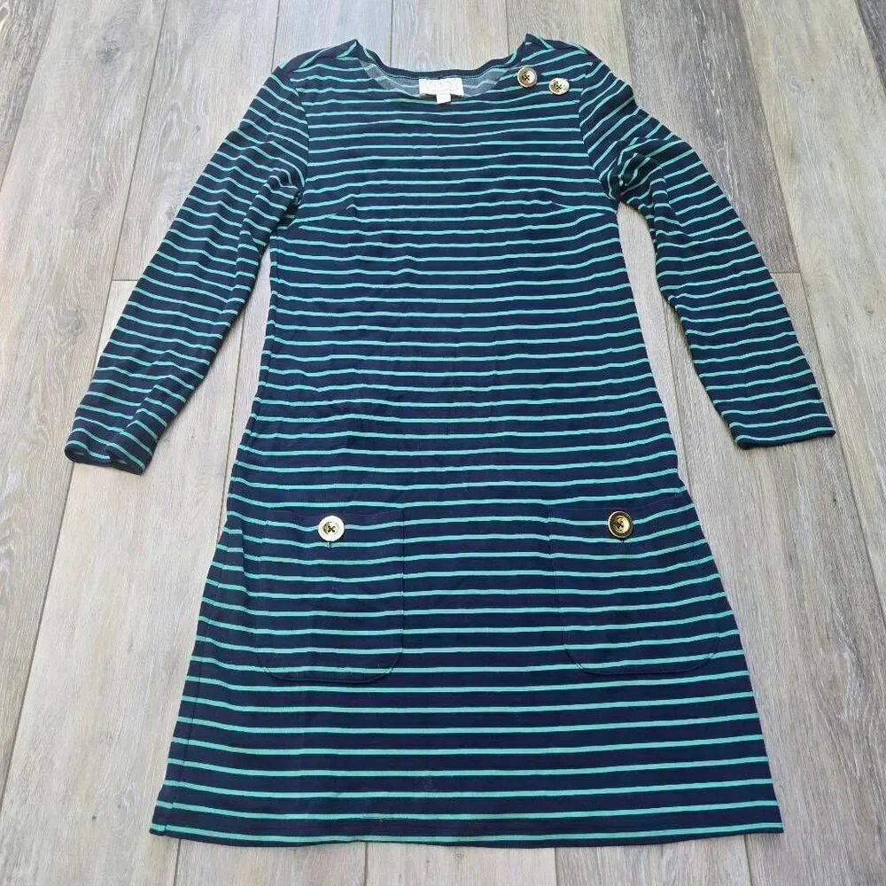Sail To Sable striped green and navy blue midi dress gold toned buttons xs xsmal